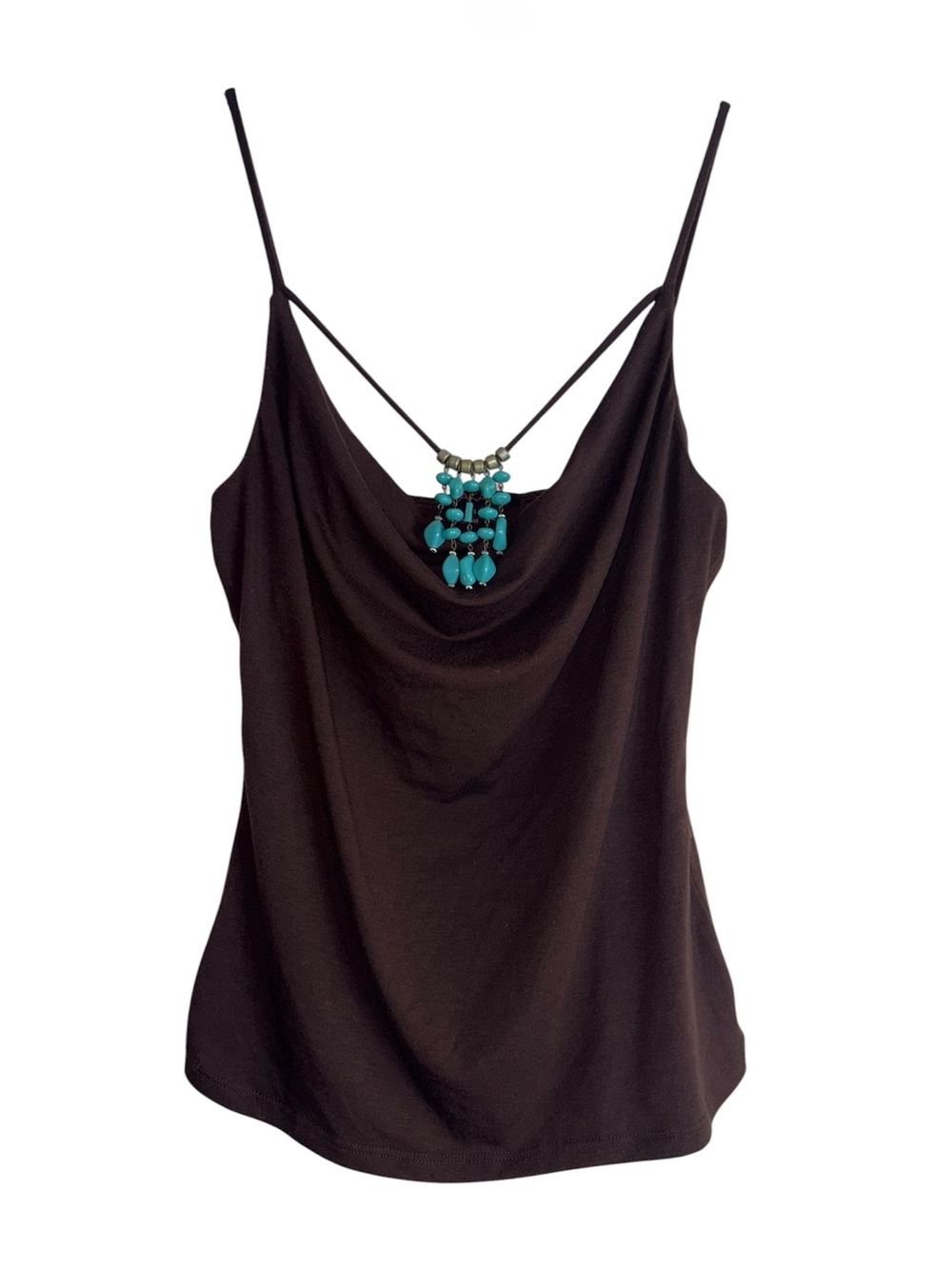 Takara Brown Cowl Neck Tank with Turquoise Bead Accents